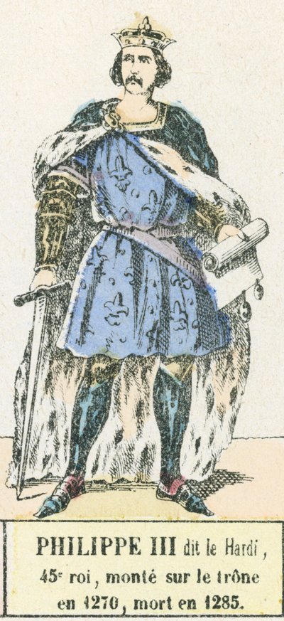 Philippe III dit le Bold, 45:e kung, besteg tronen 1270, dog 1285 (färgad gravyr) av French School