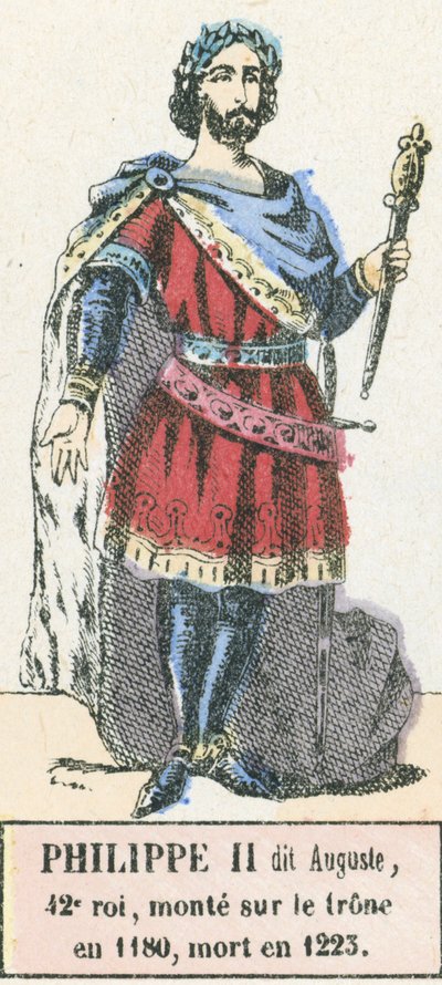 Philippe II dit Auguste, 42:e kung, besteg tronen 1180, dog 1223 (färgad gravyr) av French School