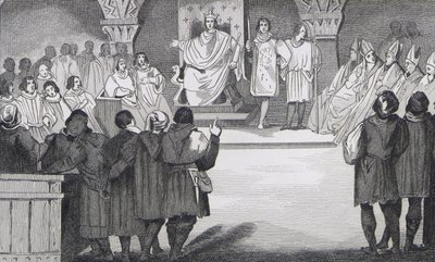 Philippe IV (1268-1314) le Bel återförenar generalstaterna i Louvren, från "Histoire de France" av Colart, publicerad ca 1840 av French School