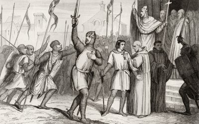 Philippe I (1052-1108) och påven Urban II (ca 1035-99) samlar anhängare för det första korståget 1095, från "Histoire de France" av Colart, publicerad ca 1840 av French School