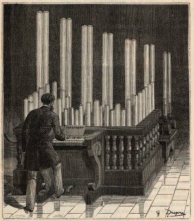 Piano a Gaz - (gasorgel) Pyrofon (eld-/explosionsorgel) (eld-/explosionscalliope) Gravyr i "" Vetenskaper förda till dörren till alla - Populär fysik och kemi" av Alexis Clerc - Slutet av 1800-talet - Privat samling av French School