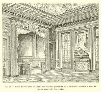 Rum inrett med träskräp från sovrummet till Henri IV, före detta Sovereigns Museum av French School
