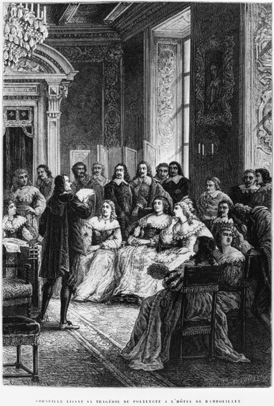 Pierre Corneille (1606-84) läser Polyeucte på Hotel de Rambouillet, ca 1880 av French School