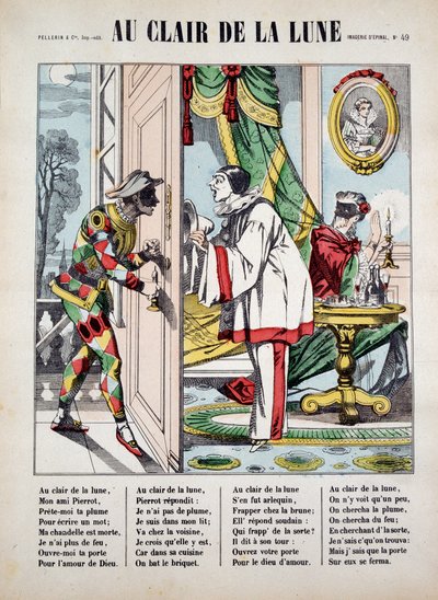 Pierrot, Harlequin och grannen, sjuk. av låten "Au clair de la lune", bild av Epinal av French School