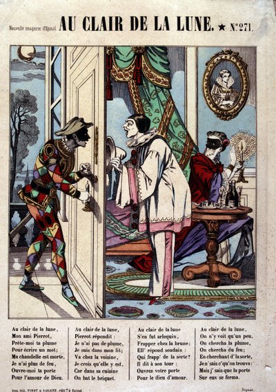 Pierrot, Harlequin och grannen, sjuk. av låten "Au clair de la lune", bild av Epinal av French School
