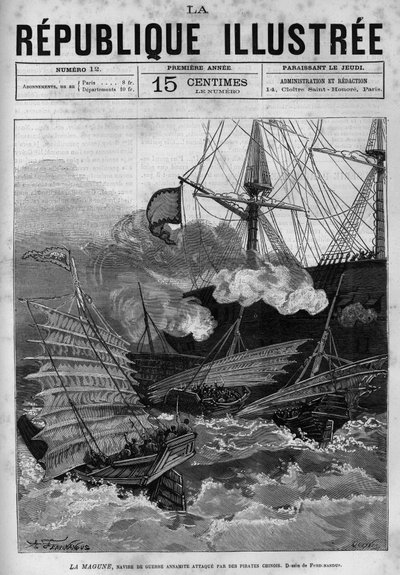 Piratkopiering: Annamiternas krigsskepp ""La Magune"" attackerat av kinesiska pirater. En tidning. Gravyr från 1880 i "La republique illustree"" privat samling. av French School