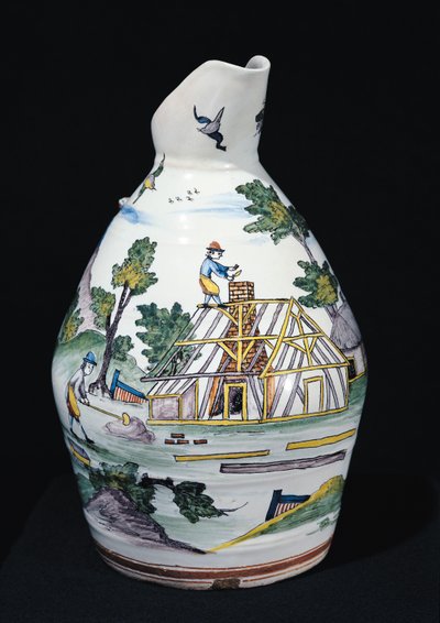 Kanna föreställande konstruktionen av en byggnad, Sinceny, c.1740-50 (fajans) av French School