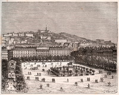 Place Bellecour eller Place Louis-le-Grand - det största torget i Lyon - gravyr i "La France illustrée: geography, history, statistical administration" av V.-A. Maltbrunt. 1884 av French School