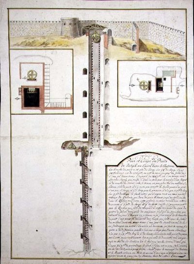 Plan och tvärsnitt av en brunn, ca 1700 (akvarell på papper) av French School