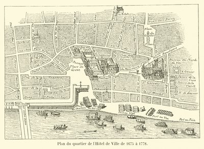 Plan över Hotel de Ville-distriktet från 1675 till 1778 av French School