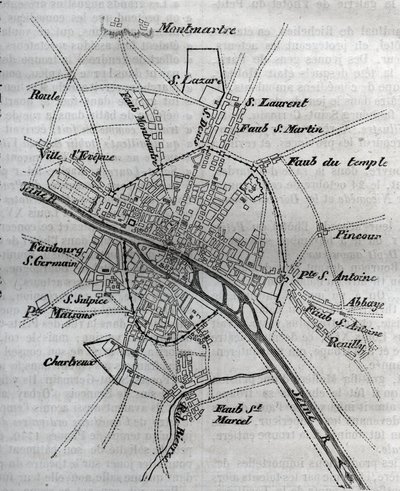 Karta över Paris under Henri III (1580) Gravyr i ""Paris fysiska, civila och moraliska historia: från de tidigaste historiska tiderna till våra dagar"" av Jacques Antoine Dulaure av French School