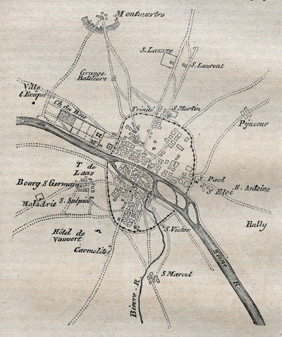 Plan över Paris under Philippe Auguste av French School