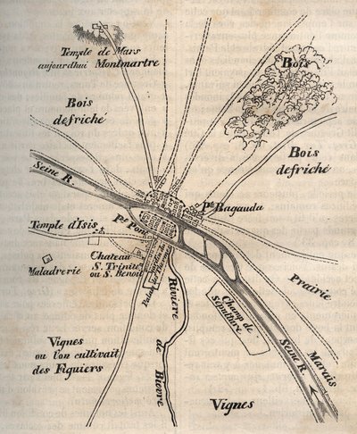 Paris Plan under Merovingians - Gravyr i "" Fysisk, civil och moralisk historia av Paris: från de tidigaste historiska tiderna till idag" av Jacques Antoine Dulaure av French School