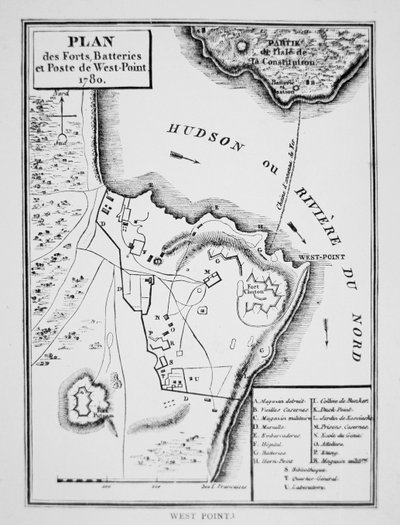 Plan över West Point, det viktiga fort som Benedict Arnold planerade att överlämna till britterna under frihetskriget (litografi). av French School