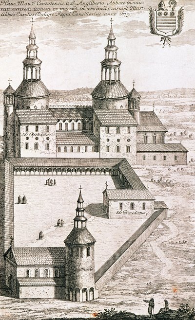 Plan över benediktinerklostret Saint-Riquier 1673 av French School