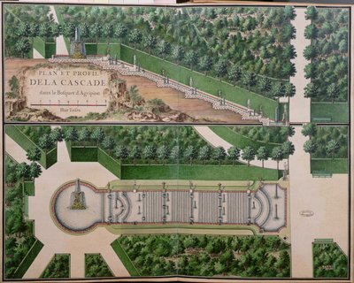 Plan över kaskaden i Agrippinalunden, från Gardens at Marly, tidigt 1700-tal (wc på papper) (se även 163976) av French School