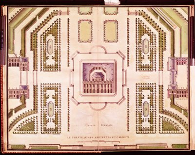 Plan över den stora terrassen på Chateau de Marly, 1714 av French School