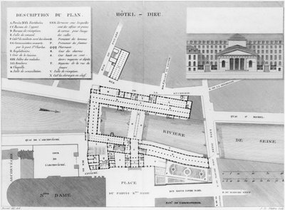 Karta över Hotel-Dieu, Paris, illustration från Description des Hopitaux de Paris, graverad av Jacques Etienne Thierry (1750-1832) efter Bessat, 1808 av French School