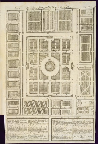 Plan of the Kings Vegetable Gardens at Versailles, från Le Parfait Jardinier, ou Instruction pour les Jardins Fruitiers et Potager, av Jean de la Quintinye, publicerad 1695 av French School