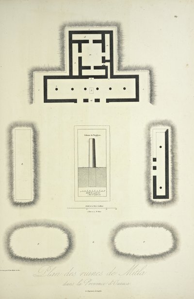 Plan av ruinerna av Mitla i provinsen Oaxaca, illustration från "Views of the Cordilleras and Monuments of the Ursprungsbefolkning i Amerika" av Alexander von Humboldt och Aime Bonpland av French School