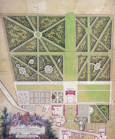 Plan över slottet och parken vid Roissy, tillhörande Comte de Caraman (penna och bläck & wc på papper) av French School