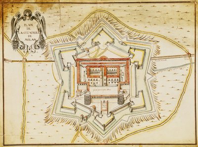 Plan över citadellet i Milano (penna & bläck och wc på papper) av French School