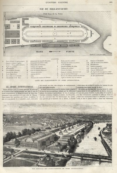 Plan för etableringen av International Sport, som måste byggas på ön Billancourt 1869 - allmän bild av etableringarna av internationell sport på ön Billancourt 1869 av French School