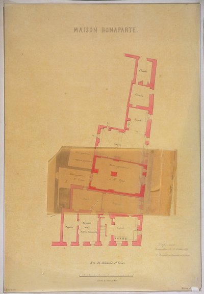 Plan över bottenvåningen och källare i huset i Ajaccio, Korsika där Napoleon Bonaparte (1769-1821) föddes, 1837 av French School