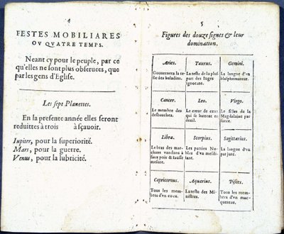 Planeter och astrologiska tecken behandlade humoristiskt - i "Almanach pour le temps passe"", av Jean Guerin av French School