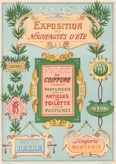 Skylt nr 17: Skyltningsmodeller för jugendmålare (utställning, frisörsalong, basar, sybehör). av French School