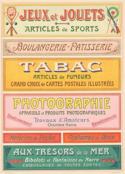 Skylt nr 20: Skyltmodeller för jugendmålare (spel och leksaker, bageri-konditori, tobak, fotografi). av French School