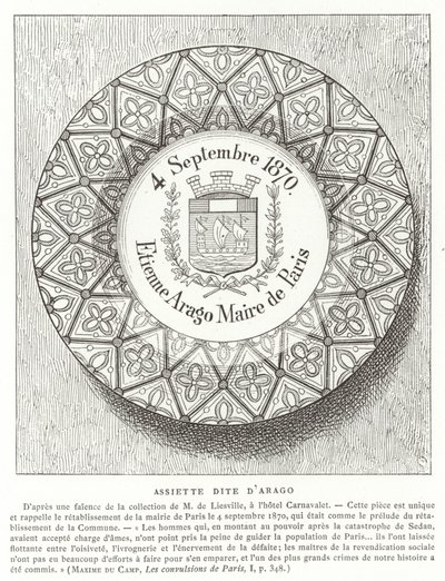 Tallrik med namnet Etienne Arago, borgmästare i Paris under det fransk-preussiska kriget, 1870 av French School