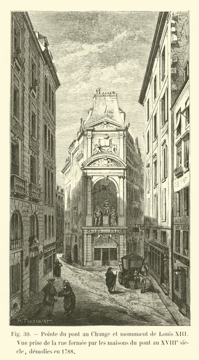 Point of the Pont au Change och Louis XIII:s monument, utsikt från gatan som bildades av husen på bron på 1700-talet, revs 1788 av French School