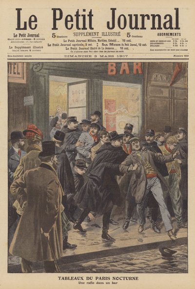 Polisrazzia på en bar i Paris på natten (färg litho) av French School