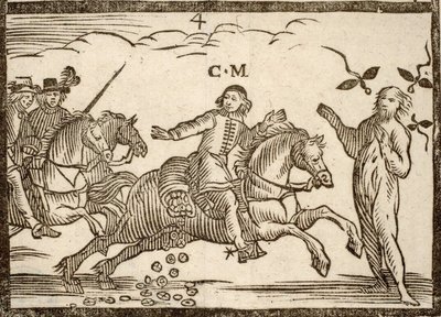 Politiska pamfletter Mazarinade: Mazarin på sin flykt tappar ecus: skuggan av Concini, marskalk av Anchor, står framför honom. Graverat trä 1651. av French School