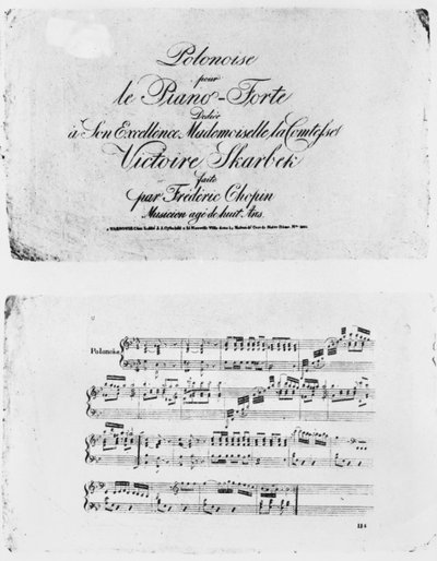 Polonaise för pianoforte, tillägnad grevinnan Victoire Skarbek, skriven av Frederic Chopin (1810-49) i åldern 8 av French School