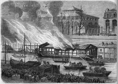 Brandmän som försöker släcka branden i simskolebåtarna på Saint Martin-kanalen i Paris, 5 januari 1864. Gravyr i ""Le Monde Illustre"" nr 553 den 16 januari 1864. av French School