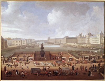 Pont-Neuf, Paris, sett från ingången till Place Dauphine som visar 4 Nations College, Quai Malaquais och Louvren (olja på duk av French School
