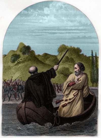 Påven Eugenius IV (Eugenio, Eugenius) (1431-1447) flyr i en båt för att undkomma romarnas ilska - PÅVAN EUGENIUS IV (Gabriele Condulmaro) motsätts av den mäktiga familjen Colonna måste han fly från Rom, medan hans fiender väljer en anti-påve - Gravyr f av French School