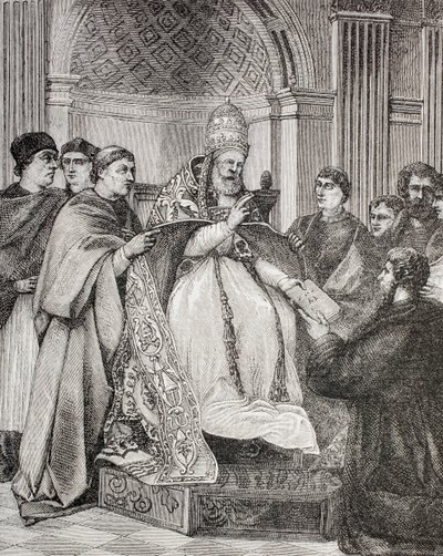 Påven Gregorius IX överlämnar dekreten till en förespråkare för konsistoriet, från "Militärt och religiöst liv under medeltiden" av Paul Lacroix, publicerad i London ca 1880 av French School
