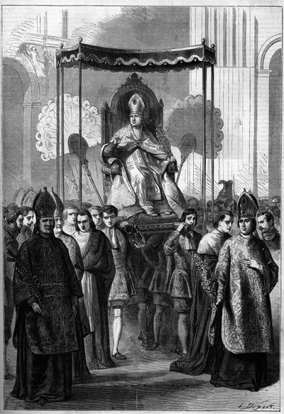 Påven Pius IX (1792-1878) bär procession till Peterskyrkan i Rom (Italien) på palmsöndagen 1861. Gravyr i "" Le Monde Illustré"" nr 209 av den 13 april 1861. av French School