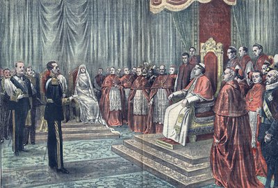 Påven Pius XI tar under högtidliga former emot Spaniens härskare, i "Le Pelerin av French School
