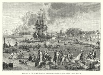 Port of Rochefort, kolonialaffären; efter Joseph Vernet 1700-tal (gravyr) av French School