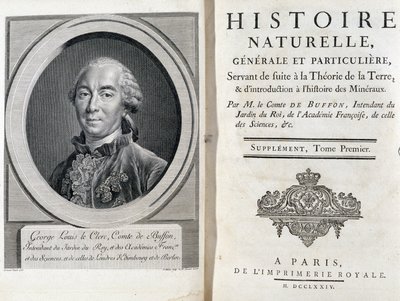 Porträtt och titelsida av "" Natural, general and special history"" av Buffon av French School