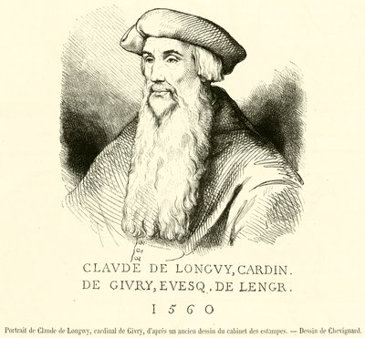 Porträtt av Claude de Longwy, kardinal av Givry (gravyr) av French School