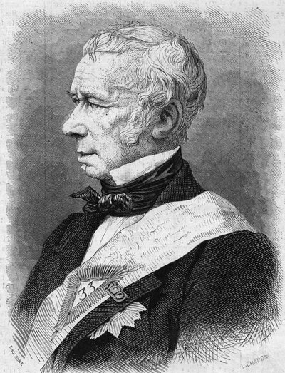 Porträtt av Jean Pons Guillaume Viennet (1777-1868), fransk politiker, poet och dramatiker, medlem av Academie Francaise. Gravyr i ""Le Monde Illustre"" nr 586 den 4 juli 1868. av French School