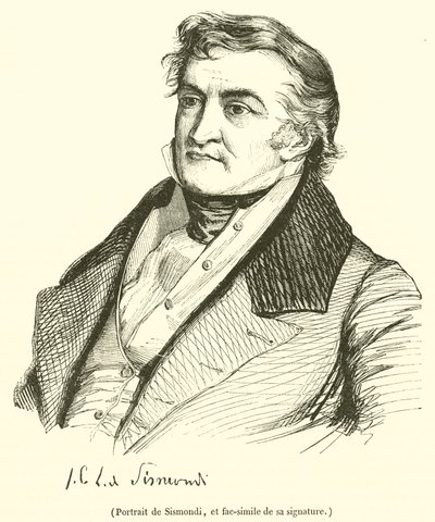 Porträtt av Sismondi och faksimil av hans signatur (gravyr) av French School