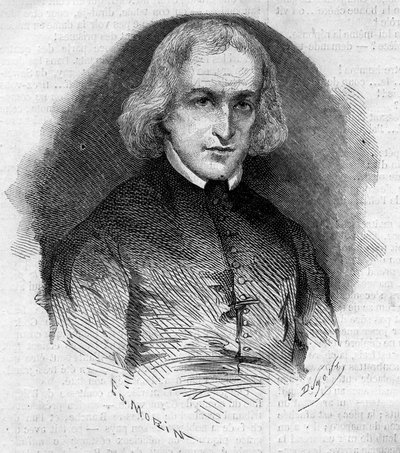 Porträtt av Abbe Charles Eleonore Dufriche Desgenettes (1780-1860), församling i kyrkan Notre Dame des Victoires i Paris. Gravyr i "" Le Monde Illustré"" nr 160 av 5 maj 1860. av French School