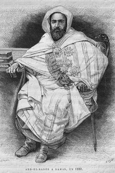 Porträtt av Abd el-Kader i Damaskus 1880 (1808-83), från Syrien idag. Reser i Fenicien, Libanon och Judéen. 1875-1880 av Louis Charles Emile Lortet, 1884 (bw gravyr) av French School