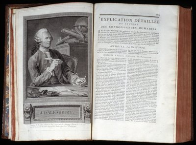 Porträtt av Alembert och en textsida i Encyclopedia of Diderot and Alembert av French School
